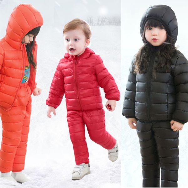 

2019 winter children clothing sets 2pcs cotton-padded jacket+pants baby boys girls warm coat kids winter pants suits for girls, White