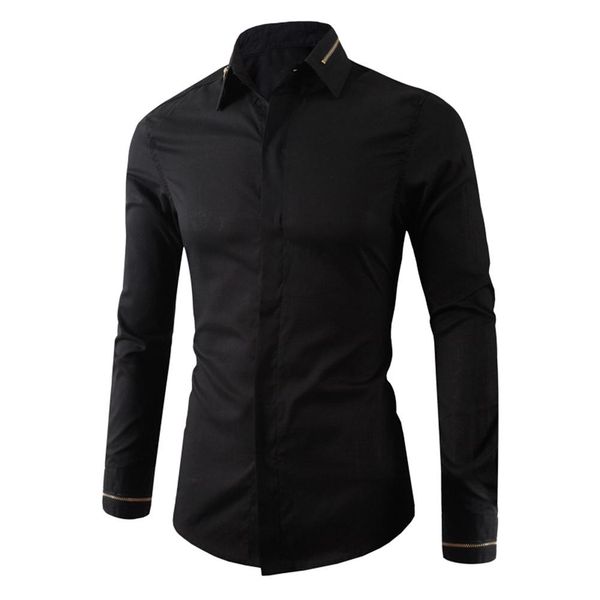 

fomral men spring autumn decorative zipper turn down collar long sleeve shirt slim gift, White;black
