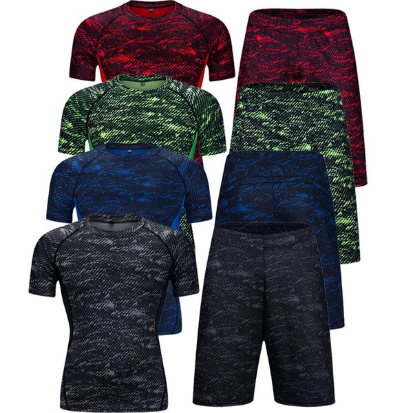 

men's sportswear short sleeve sports running suit short sleeve running tights+shorts compression suits tracksuit jogging, Black;blue