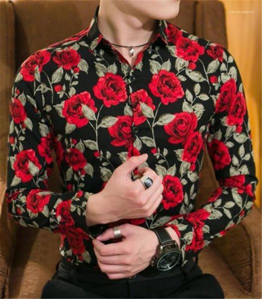 

rose print fashion single breasted long sleeve mens shirts casual slim males clothing mens casual shirts, White;black