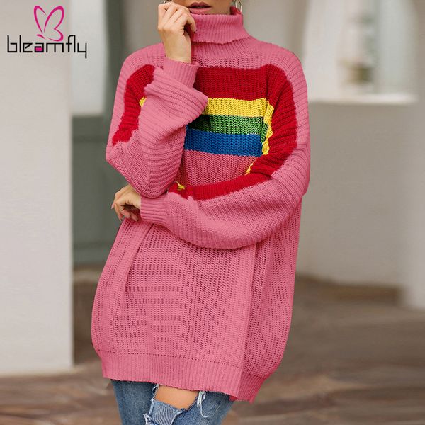 

robe pull femme hiver dames women knitted turtleneck rainbow print long sleeve sweater blouse 2019 pullovers clothing, White;black