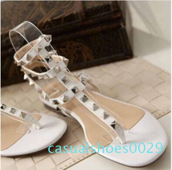 

size 34-42 rainbow color gladiator sandals women rivets flip flops t strap-sandals ankle belt roman shoes c29, Black