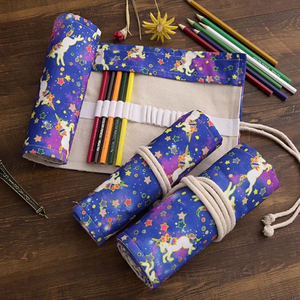 

36/48/72 holes unicorn canvas roll up makeup pencil bag wrap curtain pen case holder storage pouch school supplies