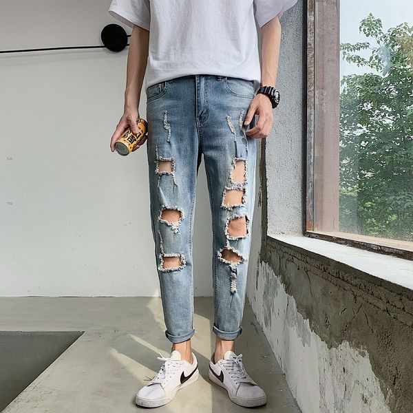 

brand new casual jeans men summer all match destroyed jeans homme ankle length streetwear simple denim pants men clothes 2019 33, Blue