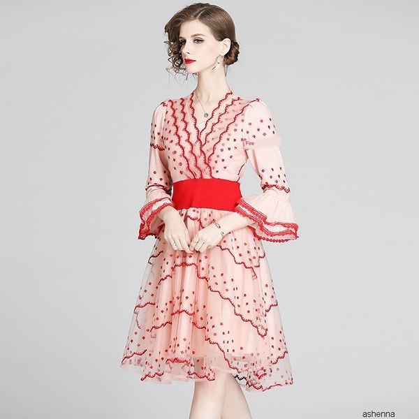 

womens designer french niche dress season positioning embroidered v-neck trumpet sleeve long skirt532p, Black;gray