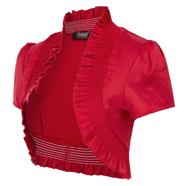 

cap sleeve stand collar ruffled pleated satin solid wedding party shrug bolero black/red cropped jacket women vintage classy, Black;brown