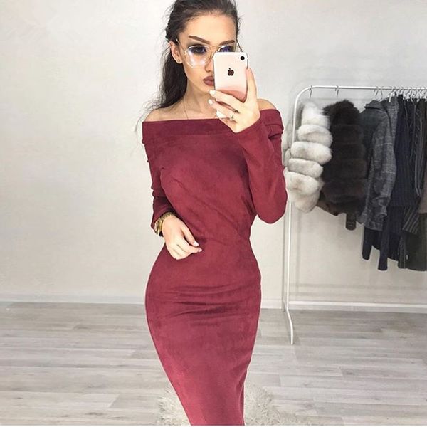 

suede dress womens bodycon party dresses 2019 spring autumn long sleeve elegant off shoulder club mid dress female vestidos, Black;gray