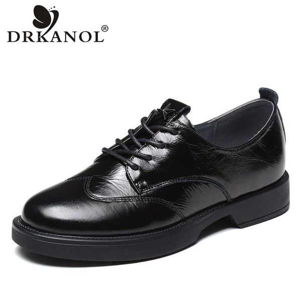 

drkanol british style women shoes 2020 spring women genuine leather oxford shoes lace up patent leather flats casual woman, Black