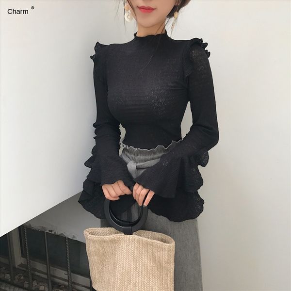 

charm 2020 украшение с оборками t- топ с длинным рукавом футболки наполовину высокий воротник летящий рукав темперамент базовый рубашка верх, White