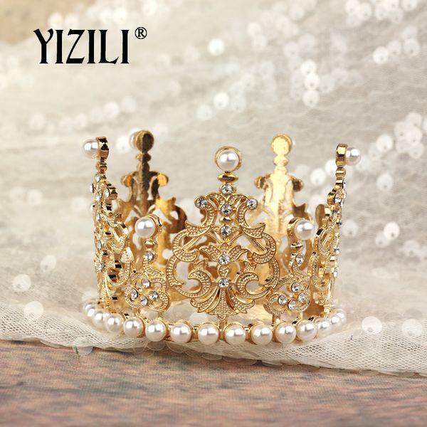 

yizili new girls small size pearl tiara crystal flower crown tiaras party mini tiara wedding hair accessories jewelry c052, White;golden
