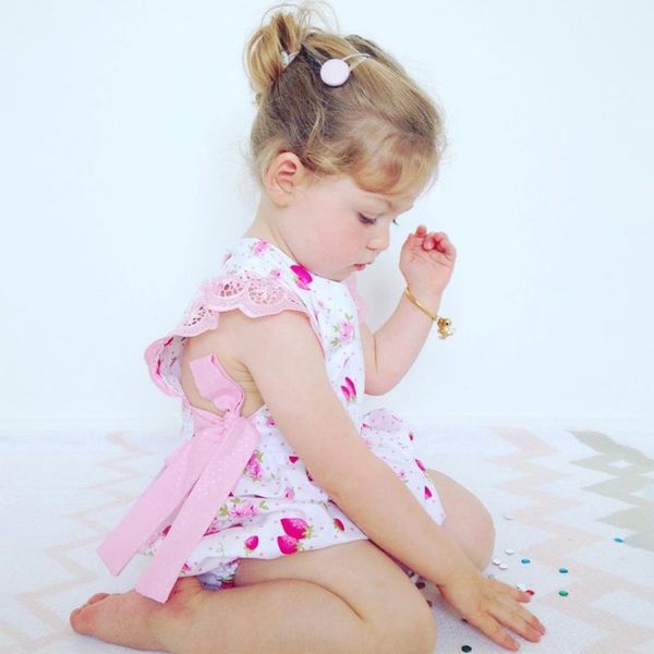 

infant baby girls flare sleeve flower print rompers lace design short jumpsuit newborn clothes, Blue