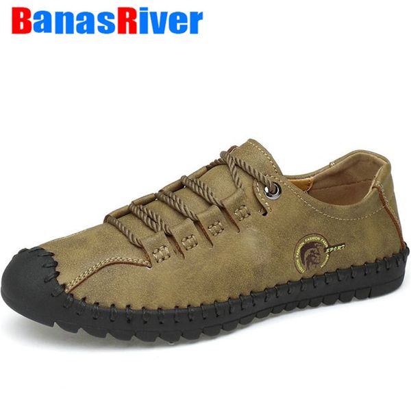 

fashion leather spring casual shoes men's handmade vintage loafers sneakers outdoor flats moccasins sneakers big size, Black