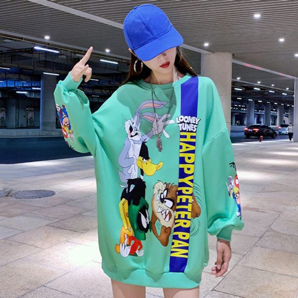 

autumn winter 2019 individual cartoon printed loose clothes fashion streetwear pullovers drop-shoulder sweatshirt women, Black