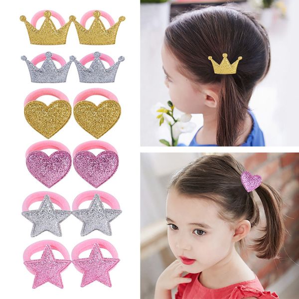 

shiny glitter crown elastic hair band little girl heart rubber ponytail holder tie cute baby kids star nylon scrunchy, Slivery;white