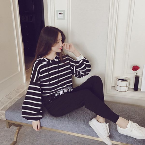 

junior high school students sports women's suit spring and autumn 2019 new style fashion korean-style loose-fit bf long sleeve 2, Black