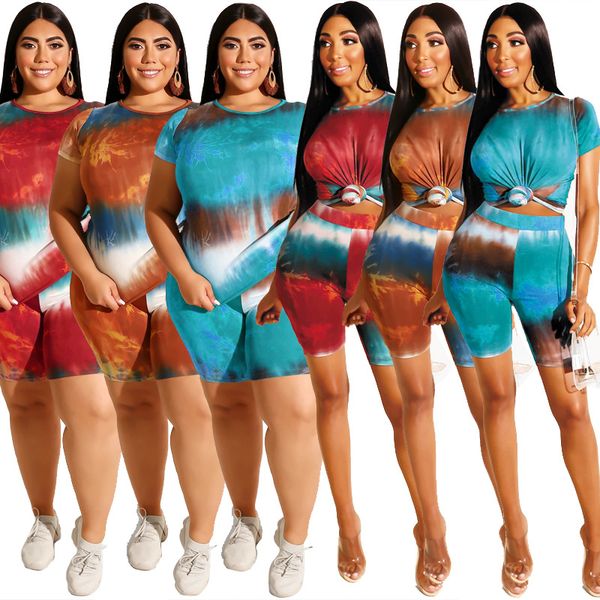 

5xl plus women's t-shirt and shorts set european and american fashion casual tie dye craft summer designer shorts set, Gray