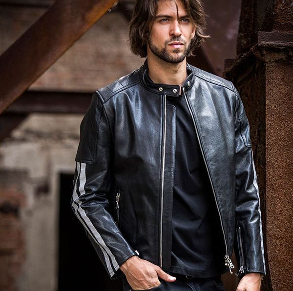 

genuine autumn men's jacket with reflector fashion youth style locomotive leather clothing sheepskin short coat winter, Black