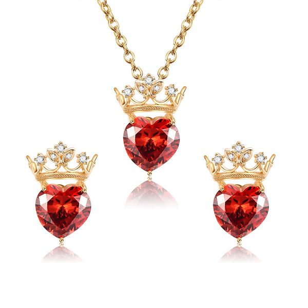 

red heart with zircon crown necklace earrings jewelry sets elegant and exquisite accessories 61182656, Silver