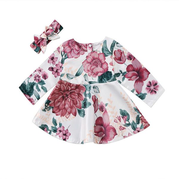 

newborn infant baby girls dress floral long sleeve dress +headband 2pcs outfits sets girls clothes for 0-24 month, Red;yellow