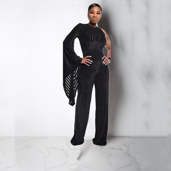 

foreign trade see through women jumpsuit ladies one shoulder wide leg pants solid novelty body feminino ll5098, Black;white
