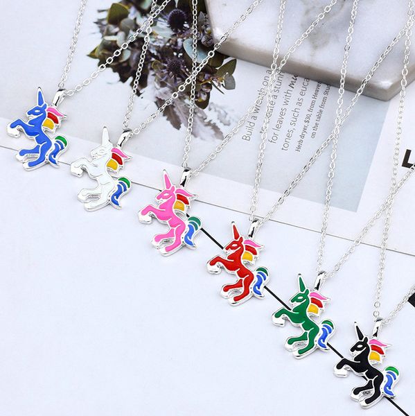 

симпатичные модные красочные падение кулон единорог животных ожерелье девушка индивидуальные цветные глазури ключицы цепи висит дети ювелирн, Red;brown