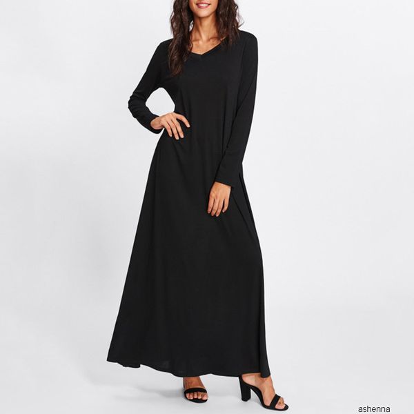 

womens designer solid color v-neck long dressouop, Black;gray