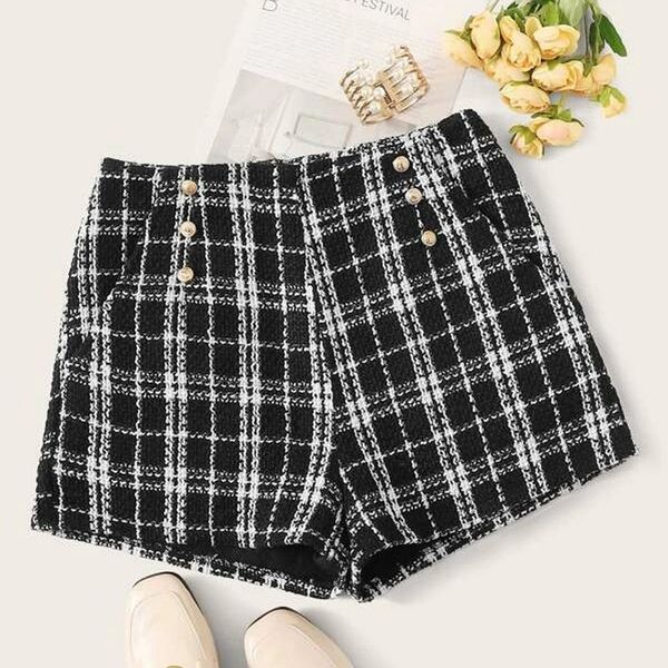 

krotkie spodenki женские шорты женщин осень и зима решетчатые печати карманные кнопка zipper шорты повседневные, White;black