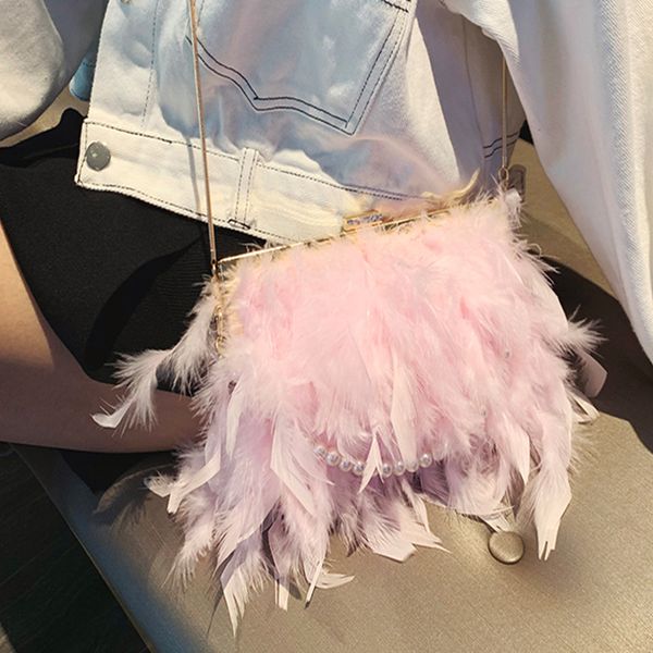 

female feather handbag feminine shoulder bag temperament women's chain messenger bag metal strip banquet wedding purse