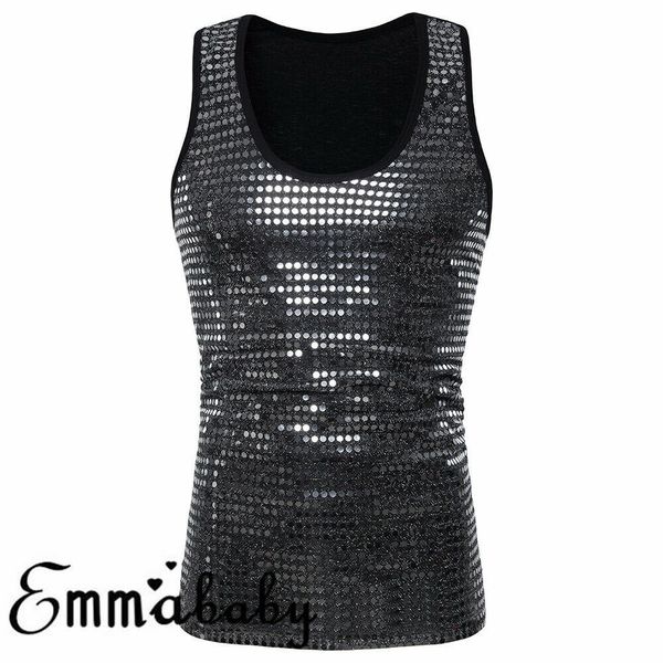 

2019 the fashion clothing suit more occasion night club men' sleeveless tank t-shirt sequin party dance hall vest, White;black