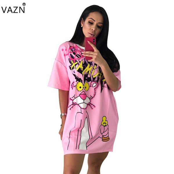 

vazn 2019 fashion style women dress print 4 color o-neck short sleeve straight mini dress vestido trs946, Black;gray