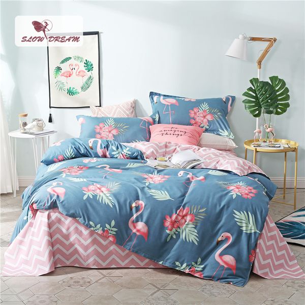 

slowdream pink flamingos bedding set blue euro bedspread duvet cover double bed sheets linens  king bedclothes