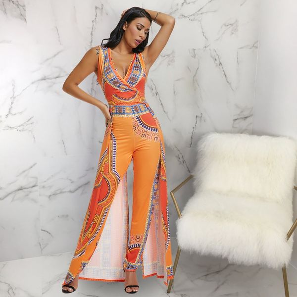 

women fashion african print bodycon pants deep v-neck party jumpsuits, Black;white