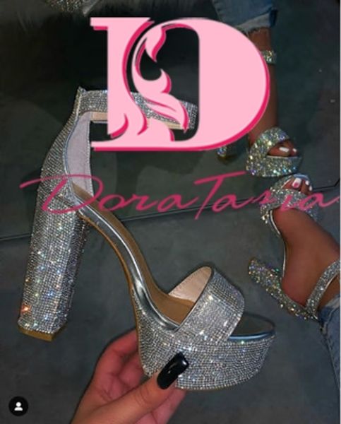 

doratasia new arrivals sequined cloth summer sandals women shoes woman chunky high heels buckle strap shoes women sandals, Black