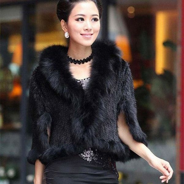 

women's fur & faux autumn winter ladies' genuine knitted shawls collar women pashmina wraps bridal cape coat jacket, Black