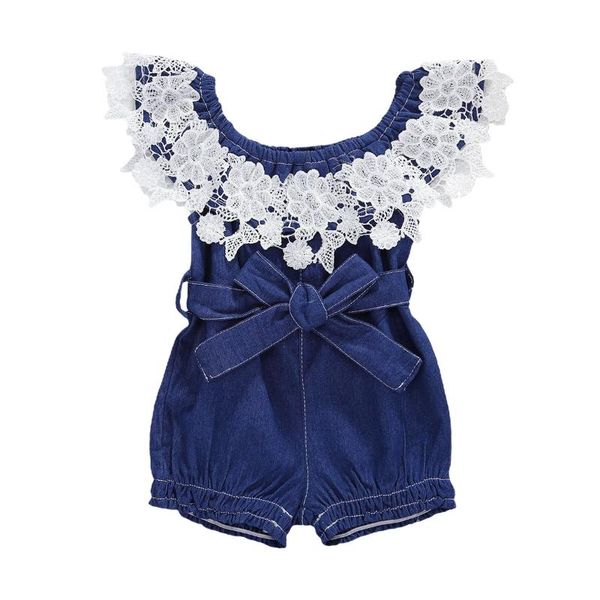 

new summer baby girls outfit lace romper cotton infant kids sleeveless denim clothes, Blue