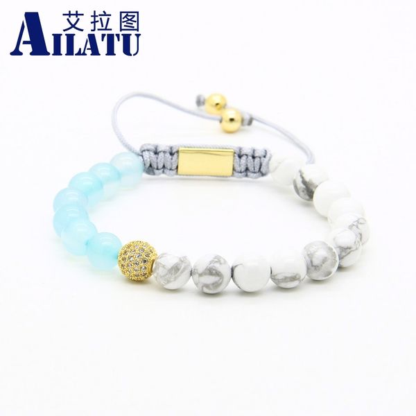 

ailatu womens jewelry wholesale 10pcs/lot 8mm natural white howlite marble and blue stone clear cz beads macrame bracelet, Golden;silver