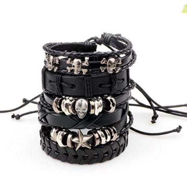 

men bracelet new jewelry set of six pieces of leather bracelet mechanical wind alloy skull bracelet set, Golden;silver