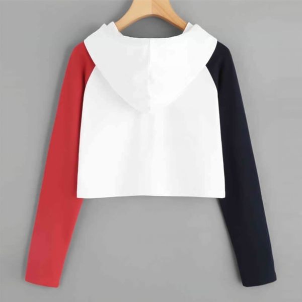 

septhydrogen brand women girls pink blue contrast color long sleeve crop short blouse pullover hoodie sweatshirt, Black
