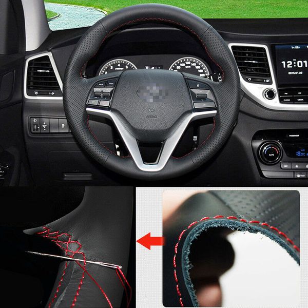 

for hyundai tucson steering wheel hand-stitch on wrap cover black leather