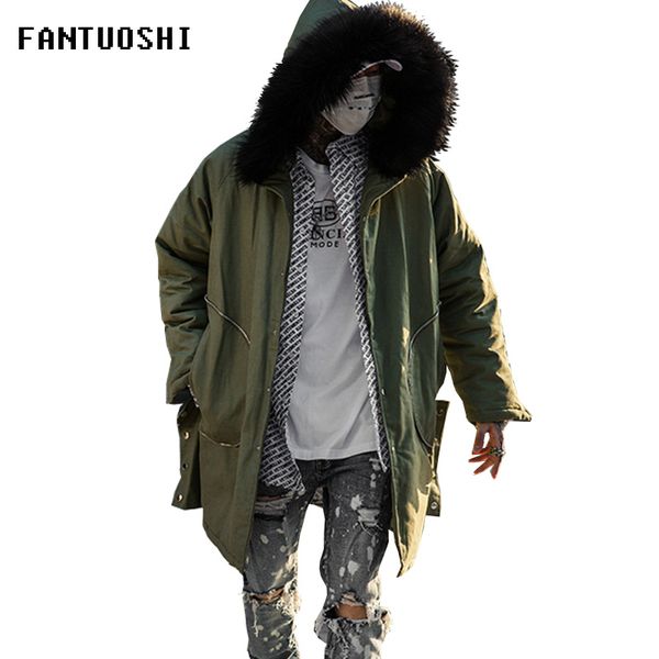 

warm winter jacket for men 2019 new arrival thick coat long hooded jacket loose windproof padded coat men detachable fur collar, Black