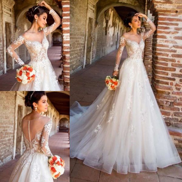

kitty chen 2019 wedding dresses jewel neck long sleeve lace appliques beading bohemia bridal gowns sweep train a line wedding dress, White