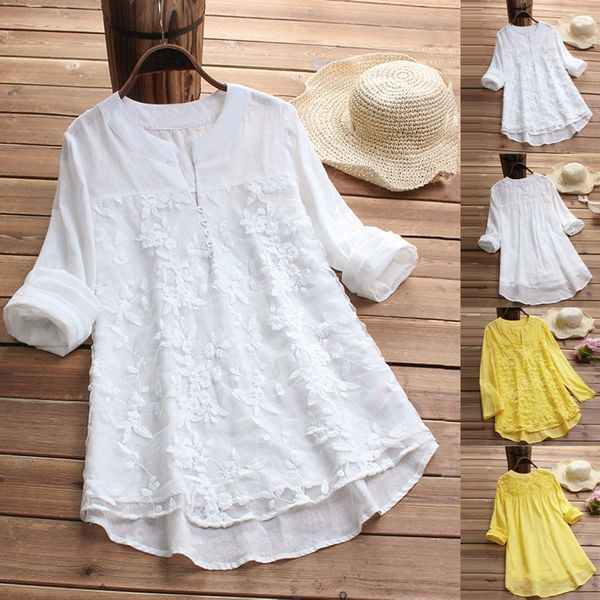 

muqgew 2019 new fashion womens v neck long sleeve floral loose casual lace mesh plain wild tee shirt linen for female, White
