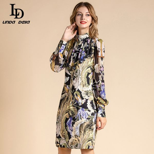 

ld linda della 2020 fashion runway spring dress women's ruffles decoration long sleeve dress print vintage loose, Black;gray