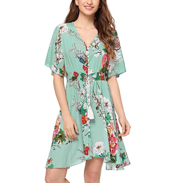 

dress women europe united states new fashion floral print elastic waist dresses loose beach party dress elegant vestido femme, Black;gray