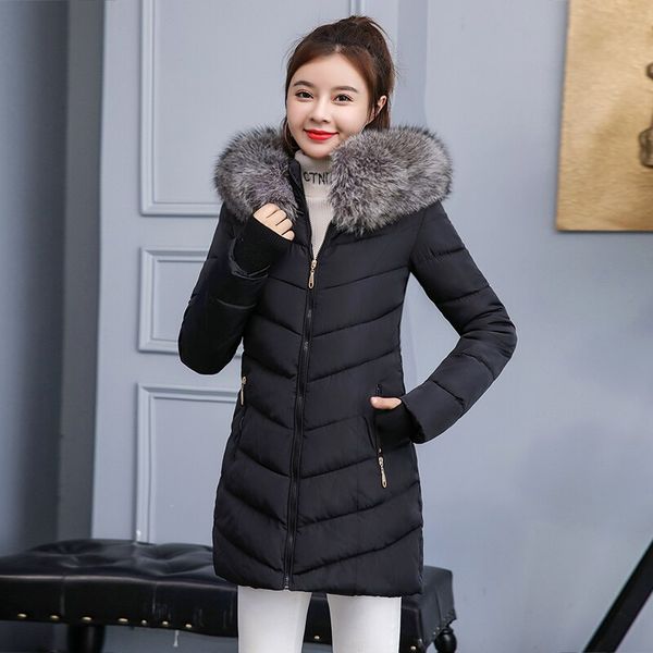 

2019 parkas mujer nouveau long manteau femme veste Ã©pais chapeau col grand col de fourrure femmes manteaux d'hiver, Black