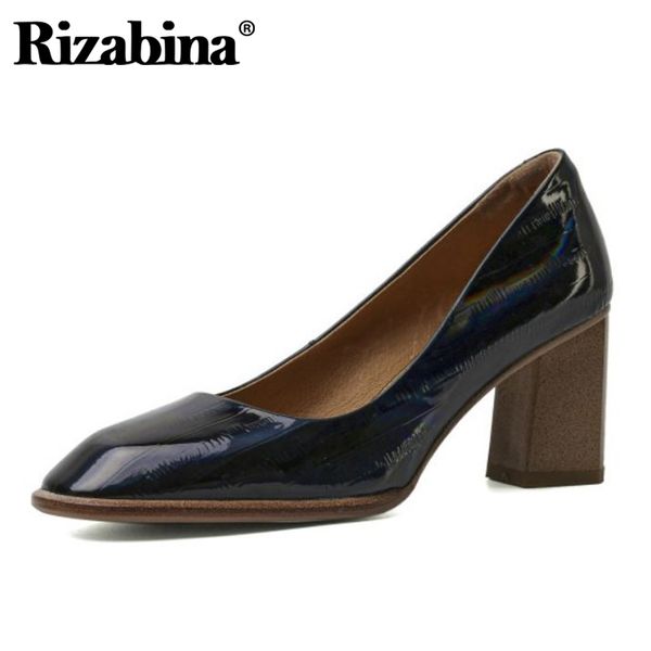 

rizabina women pumps genuine leather fashion high heel shoes woman square toe office lady thick heel footwear size 33-40, Black