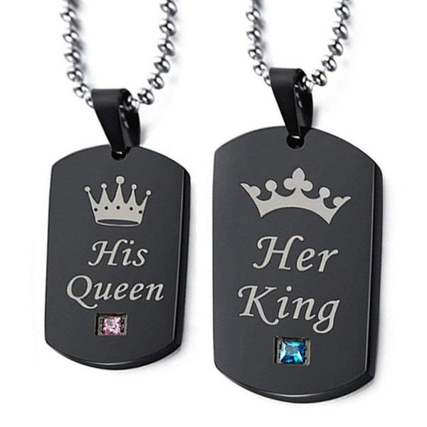 

his queen her king engraved lettering dog tag pendant necklaces for couple lovers 2pcs women men necklace set (a, Silver