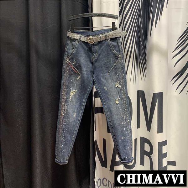 

european high waist ripped drilling worn jeans women's 2020 spring new casual loose harem pants femme denim trousers pants, Blue