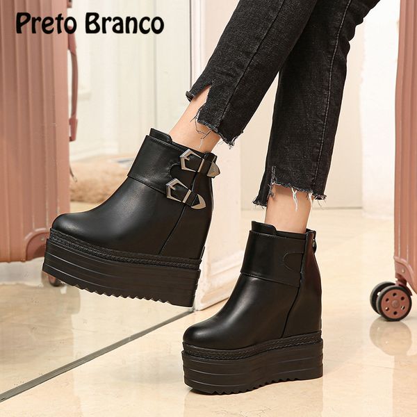 

preto branco boots female 2020 england thick bottom increased short boots female autumn winter women shoes zyw, Black