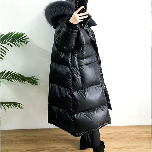

real natural raccoon fur 2019 women long down parka winter warm coat white duck down jacket outwear zipper pocket hooded jacket, Black